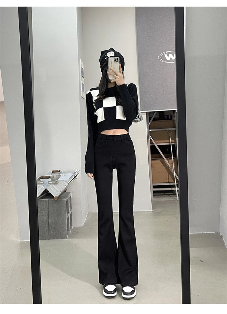 Winter Warm Women's Jeans Fashion Slim Thicken Fleece Flared Pants High Waist Elastic Skinny Velvet Plus Length Female Jeans