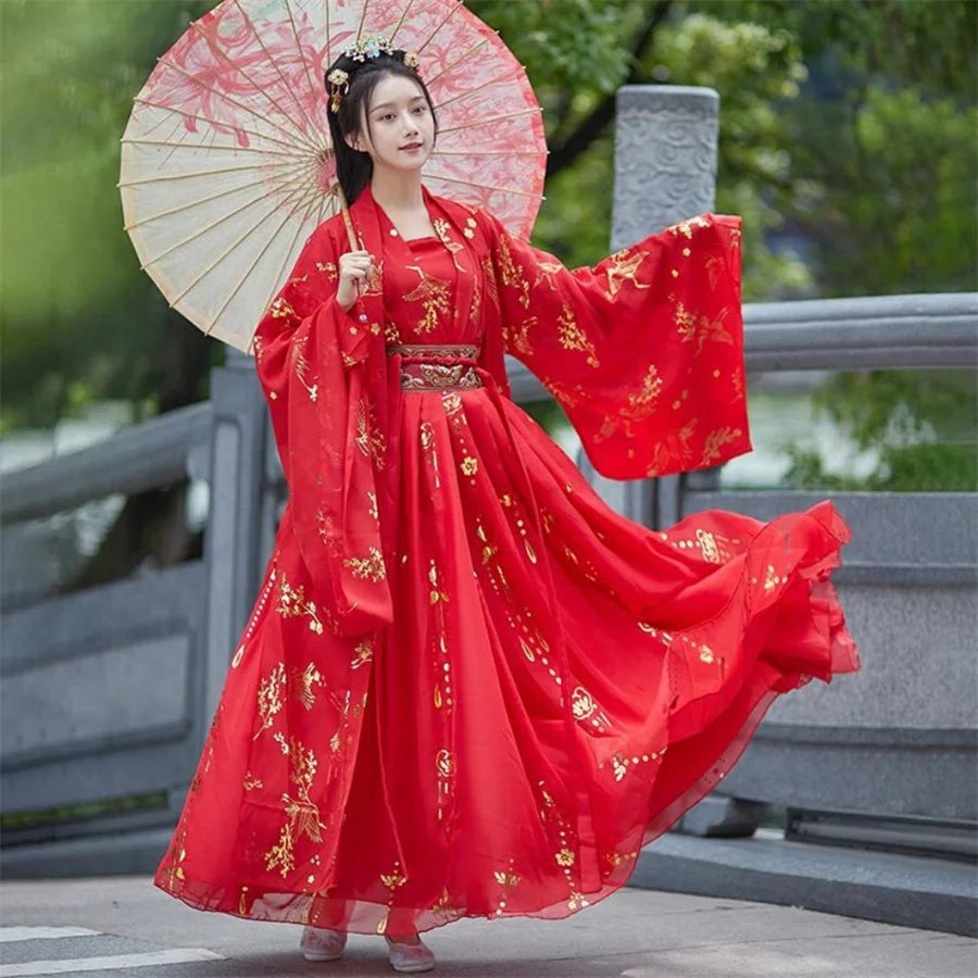 Chinese Hanfu Dress Women Traditional Vintage Hanfu Halloween Cosplay Costume Dance Dress Hanfu Gradient Red white 4pcs Sets - Seprincess