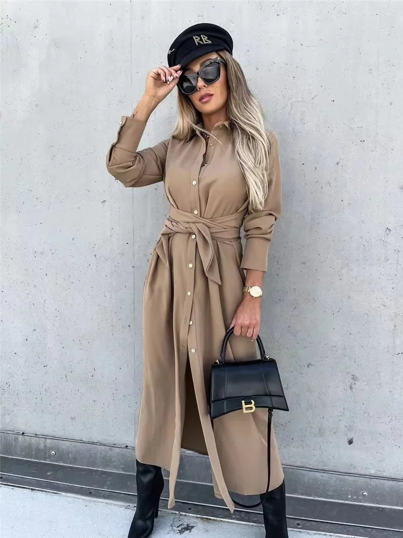 2024 Solid Long Sleeve Shirt Dress Women Lace up Single Breasted Beach Maxi Party Dresses Turn-down Collar Split Sash Vestidos - Seprincess