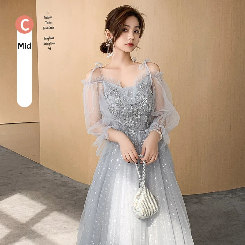 Bridesmaid Dress Temperament Lantern Sleeve Sequin Party Dress Fairy Stage Performance Dress Elegant Banquet Dress A-Long Dress - Seprincess