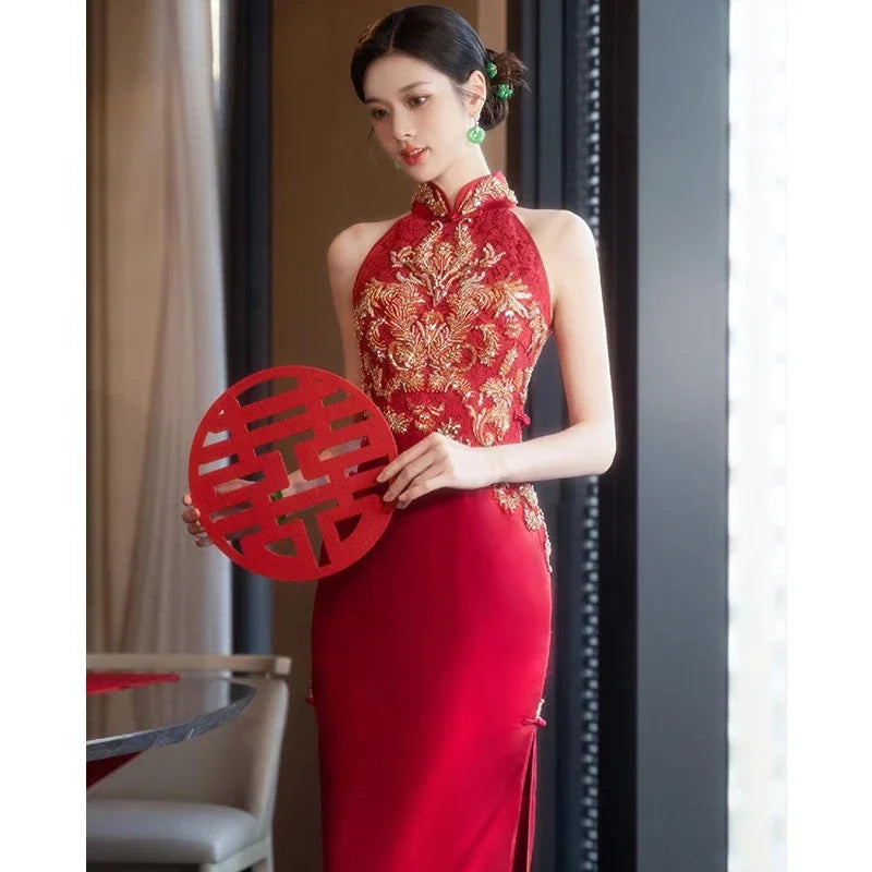 Autumn Traditional Chinese Clothing Qipao Red Sleeveless Stand Collar Embroidery Cheongsam Wedding Dress Elegant Evening Dress - Seprincess