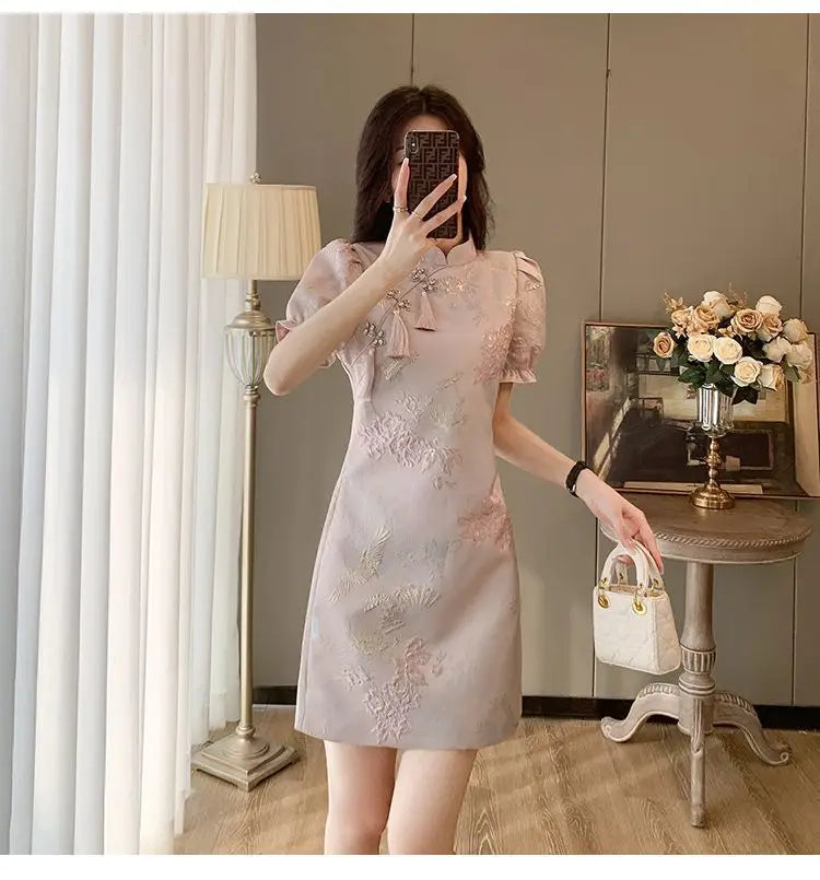 Chinese Style Elegant Cheongsams Dress Summer Women Vintage Floral Embroidery Qipao Mini Dress Lady Chic Tassels Slim Vestidos - Seprincess