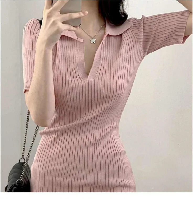 Summer Short Sleeve Dress Women Slim Knitting Female Clothes Streetwear Vacation Casual Soft Sweet Sexy Korea Fashion Dress 2024 - Seprincess