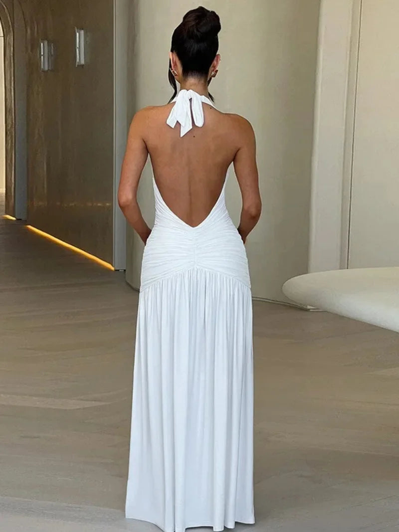 Women's Summer Deep V-neck High Waist Folds Long Dress Halter Neck Bandage Backless Tunics Split White Party Evening Dresses - Seprincess