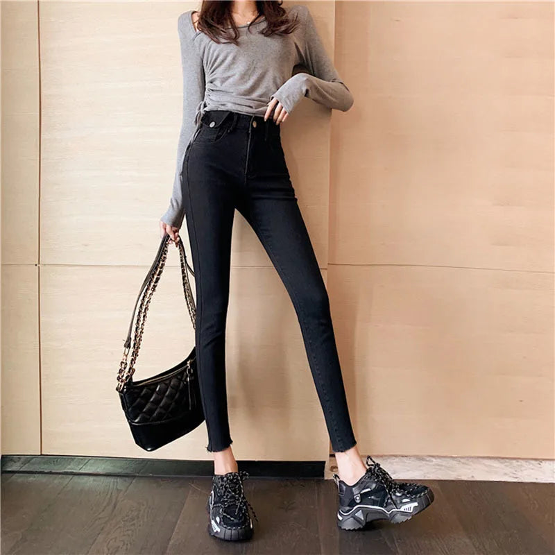 Jeans Women Spring 2023 Fashion Beige High Waist Leggings Skinny Label Pencil Pants Boots Pants