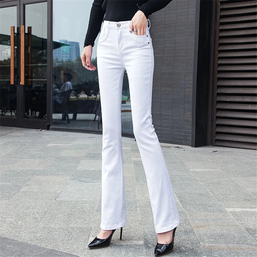 Women's White 80% Cotton Flare Denim Pants Mom's Fomal Skinny Stretch Jeans Trend Candy Color Slim Cowboy Trousers OL Pantalones