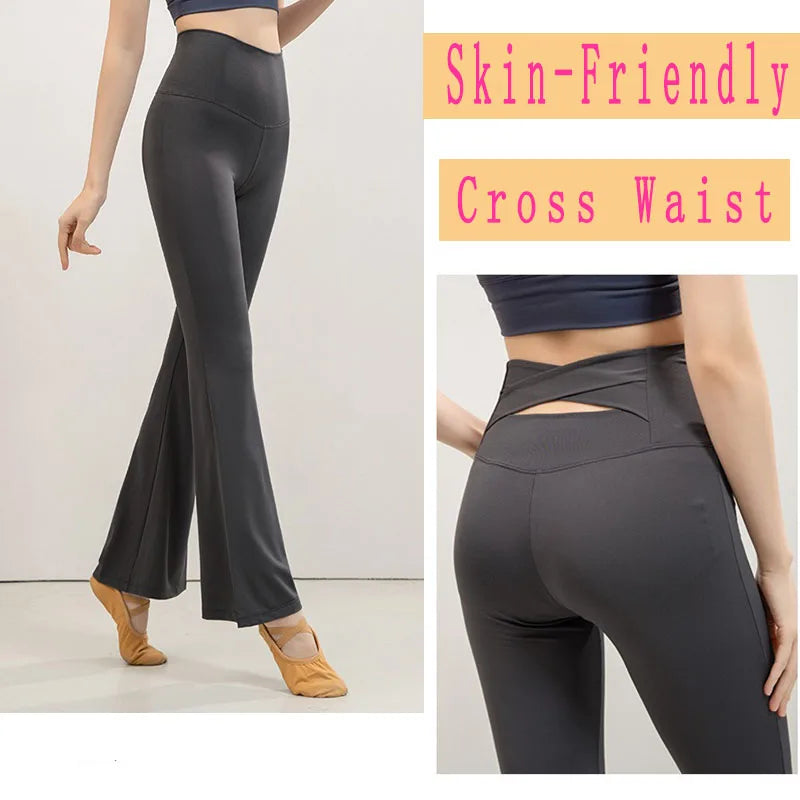 PofyBofy Crossover Widen Waistband Bell Bottoms Elastic High Waist Legging Sport Flared Pant Pilates Workout Yoga Women Trousers