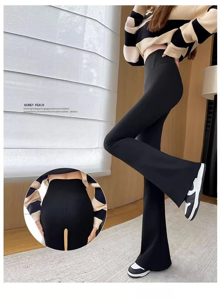 2024 New Autumn and Winter Shark Flared Pants Women's Wear High Waist Skinny Elastic Yoga Fleece Leggings