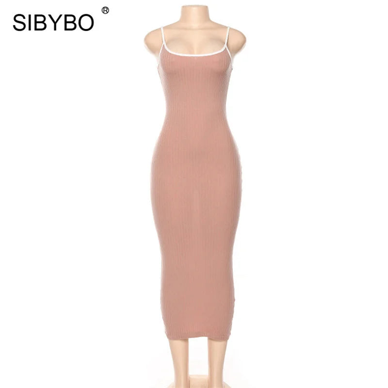 SIBYBO Ribbed Spaghetti Strap Cotton Dress Women Sleeveless O-Neck Summer Dress Solid Backless Long Party Dress - Seprincess