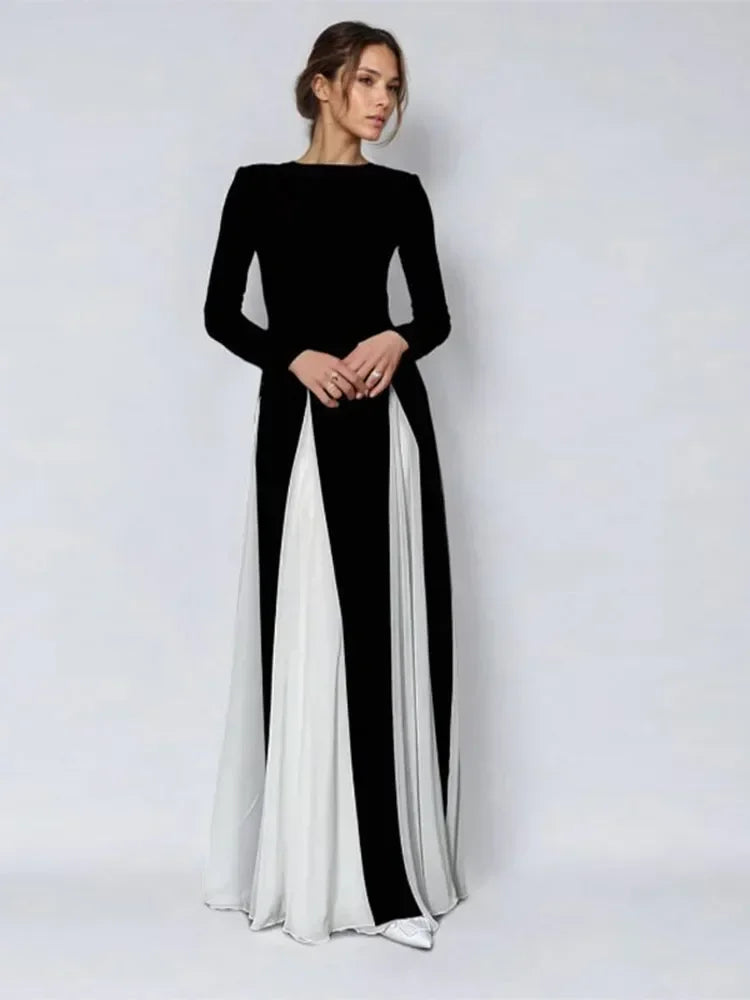 Elegant Black White Patchwork Maxi Dresses Women Fashion O-neck Long Sleeves Slim Dress New Female Evening Party Robes - Seprincess