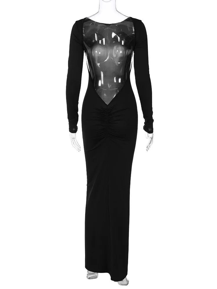 Dulzura Long Sleeve Backless Ruched Maxi Dress Women Bodycon Sexy Party Birthday Evening Outfits 2024 Spring Summer Clothes - Seprincess