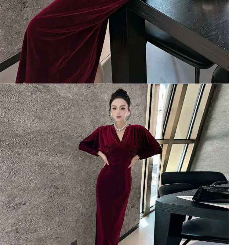 Women Vintage Gold Velvet Ruched Bodycon Elegant Evening Party Dresses Sexy V Neck Split High Waist Long Sleeve Maxi Dress Robe