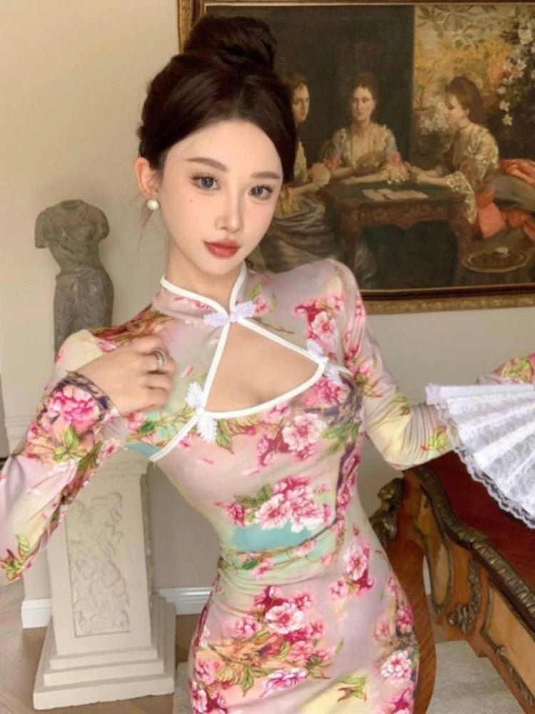 150kg 5XL Large Size Vintage Chinese Cheongsam Print High Split Bodycon Maxi Dress Plus Size Long Sleeve Qipao Long Vestidos - Seprincess