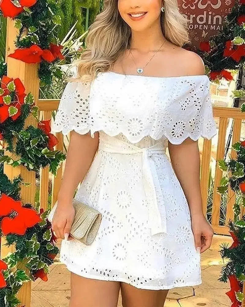 Summer Hollow Out White Dress Women 2023 New Fashion Off Shoulder Lace Up Mini Dress Fashion Lace Splicing Holiday Long Dresses - Seprincess