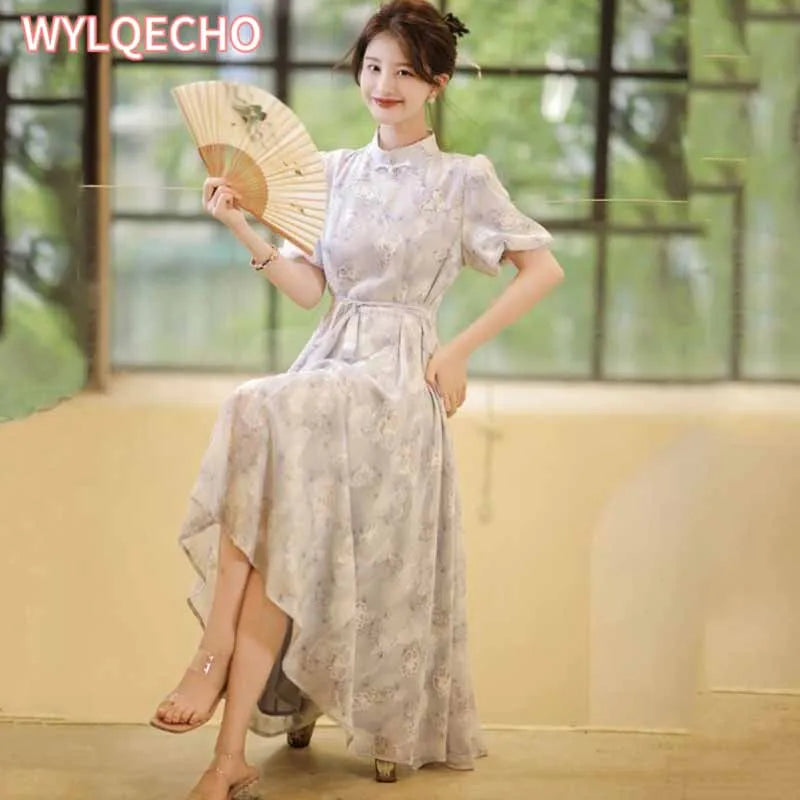 High Quality 2023 New Women Cheongsam Dress Embroidery Slim Elegant Long Qipao Chinese Style Wedding Dress Fashion Blue - Seprincess