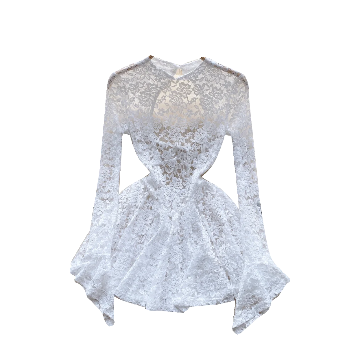 Women's Autumn Mesh Lace Hollow Out White Short Dress Women Micro Flare Sleeve See Through Translucent Sexy Girl's Mini Dress - Seprincess