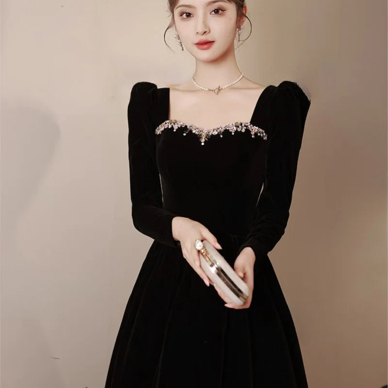 Black new light luxury small temperament banquet velvet long-sleeved dress - Seprincess