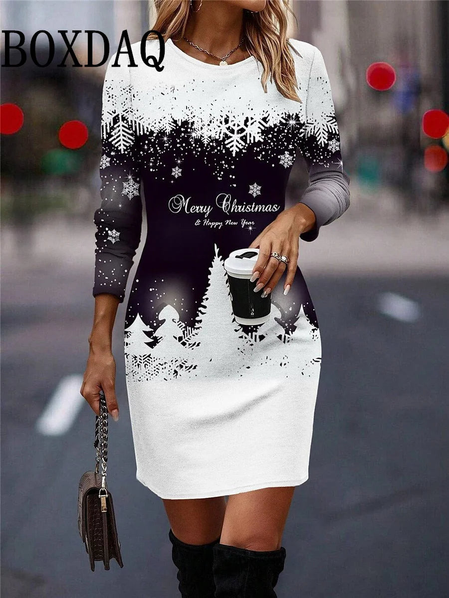 Round Neck Long-Sleeved Women's Party Dress Christmas Tree Snowflake Print A-Line Dress Winter Fashion Casual Loose Mini Dresses - Seprincess