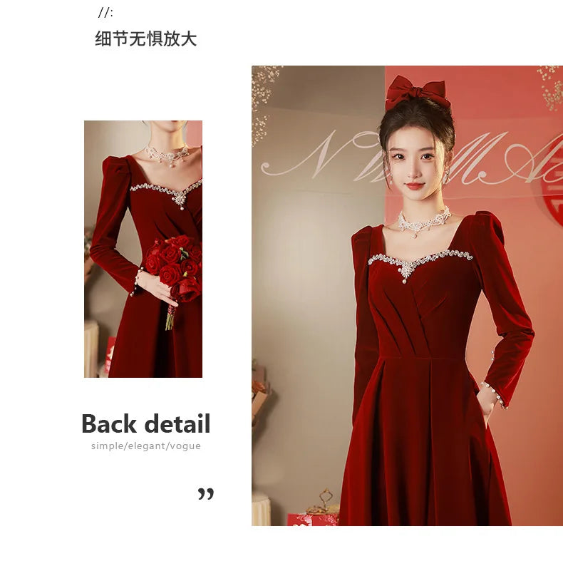 Chinese Style Female Qipao Evening Party Dress Velvet Long Sleeve Formal Party Dress Chongsam Sexy Rhinestone Marriage Dress - Seprincess