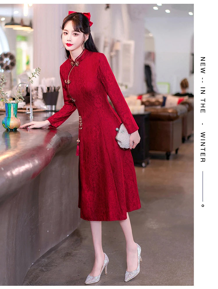 Retro Chinese Traditional Red Wedding Qipao Dress Modern Improved Long Sleeve Embroidered Cheongsam Plus Size Women Clothing CNY - Seprincess