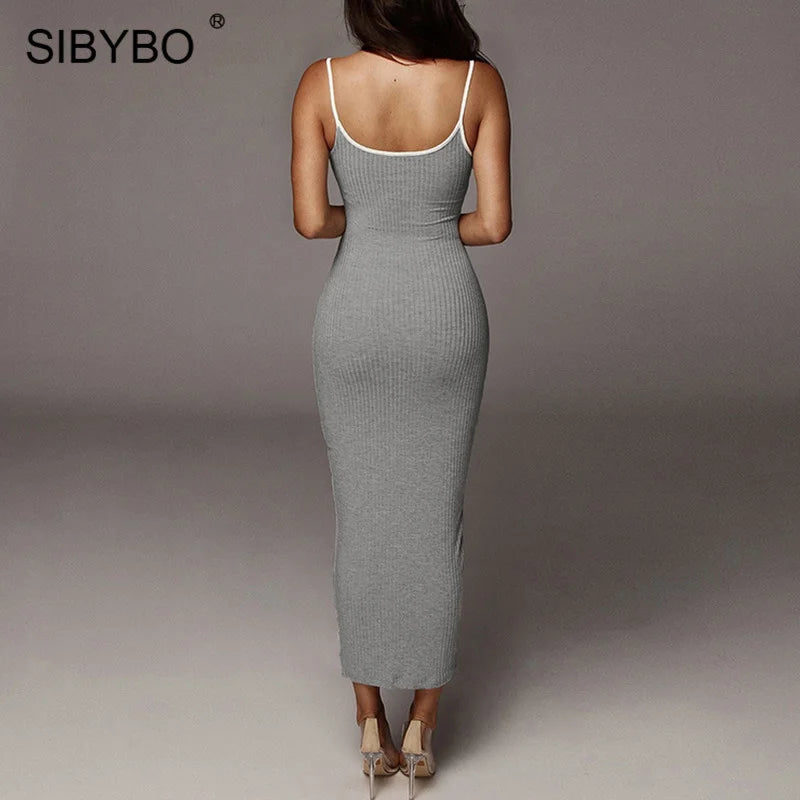 SIBYBO Ribbed Spaghetti Strap Cotton Dress Women Sleeveless O-Neck Summer Dress Solid Backless Long Party Dress - Seprincess