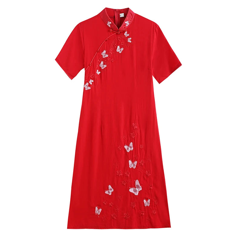 Retro Ethnic Style Chinese Traditional Qipao Dress Fashion Embroidered Improved Red Cheongsam CNY - Seprincess