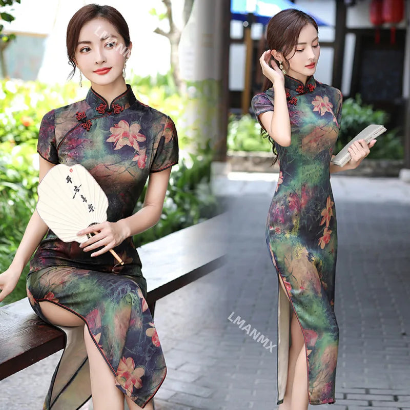 Summer Long Cheongsam Vintage Qipao Silk Fashion Daily Women Dress Slim Party Costume Dresses - Seprincess