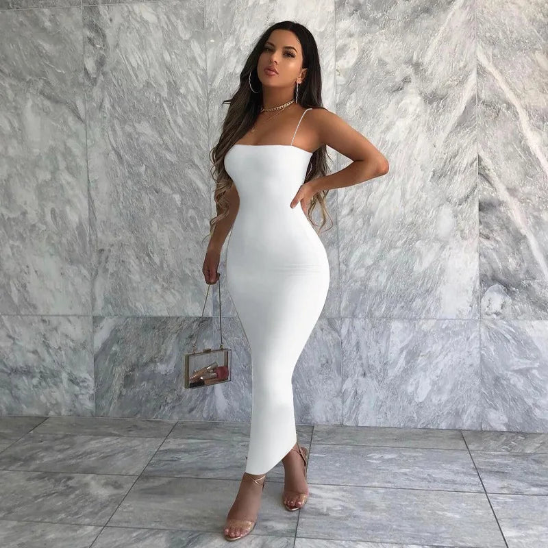 Spaghetti Strap Black Bodycon Dress White Club Outfits For Women Clothing Summer Long Evening Dresses Elegant Vestidos De Mujer - Seprincess