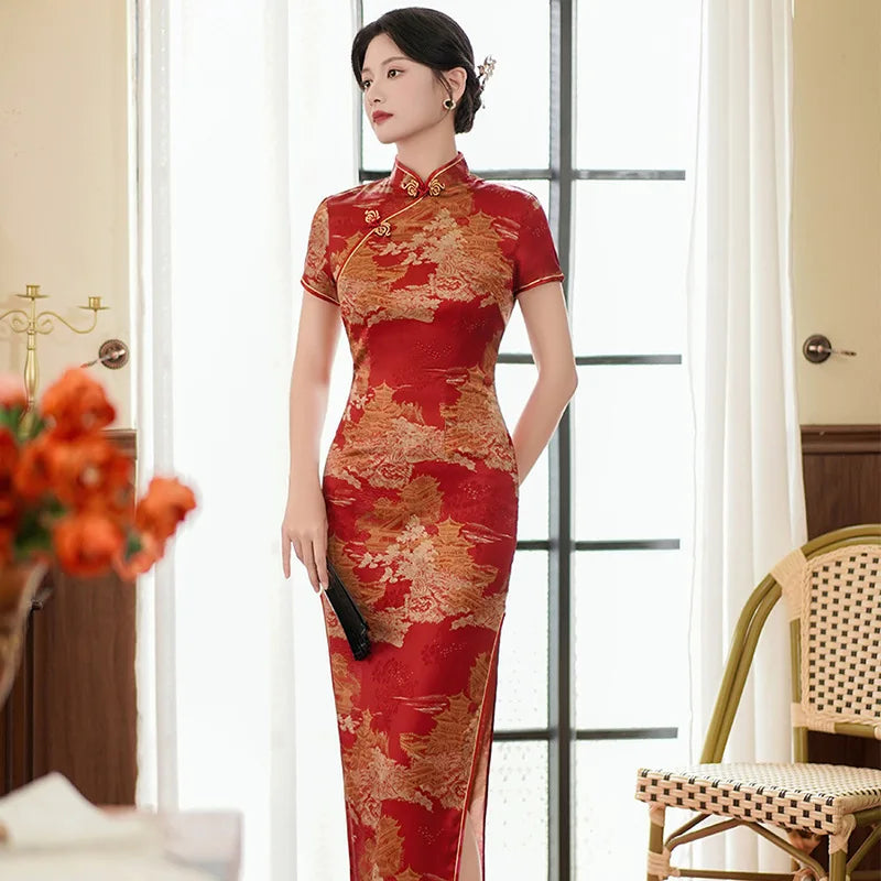 Large Size 4Xl 4Xl 5Xl Chinese Qipao Cheongsam Woman Chinese Traditional Dress Floral Print Slitting Hem Bodycon Sexy Vestidos