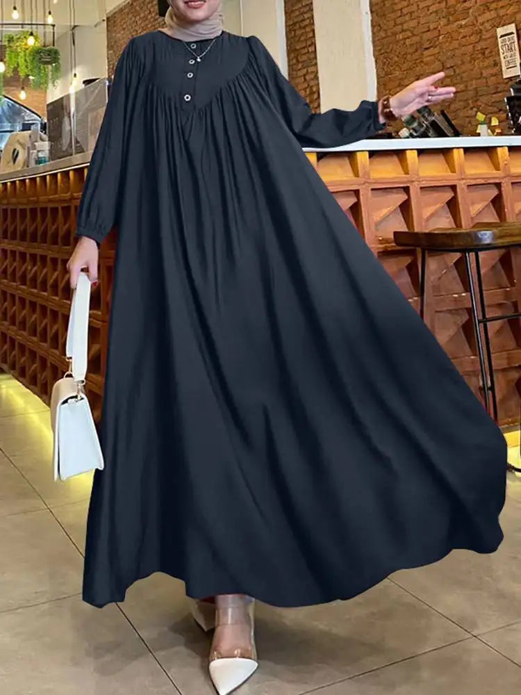 ZANZEA Islamic Dubai Hijab Dresses Autumn Muslim Dress Abaya Women Oversize Sundress Fashion Long Lantern Sleeve Maxi Vestidos - Seprincess