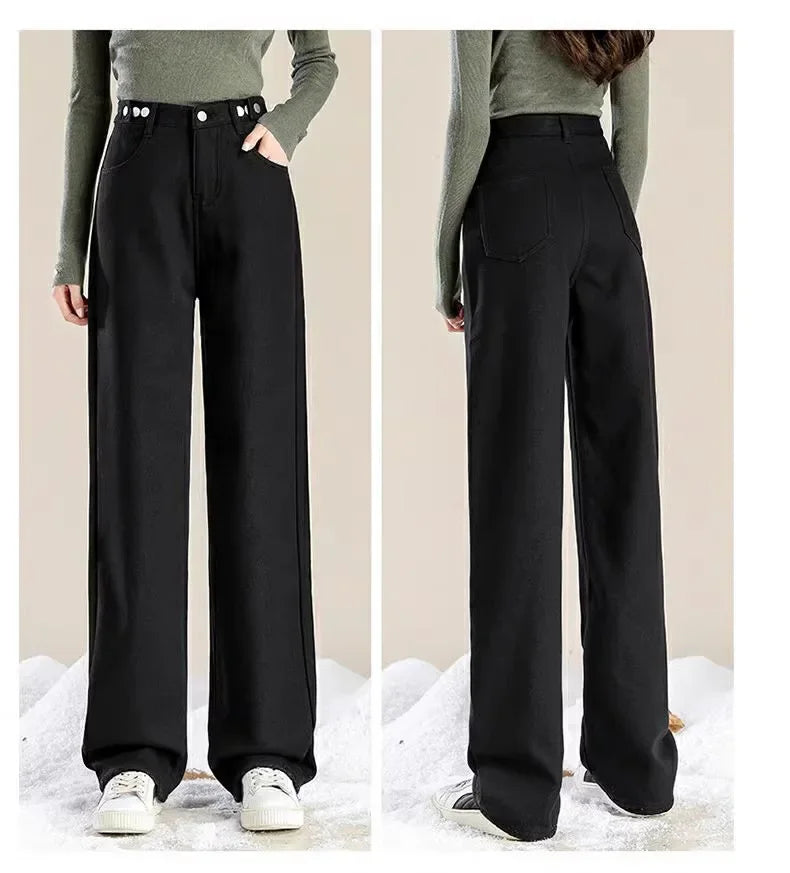 Thickened Fleece-Lined Warm Straight-Leg Jeans Design Adjustable High-Waisted Slimming Bell Bottoms Winter New Arrival