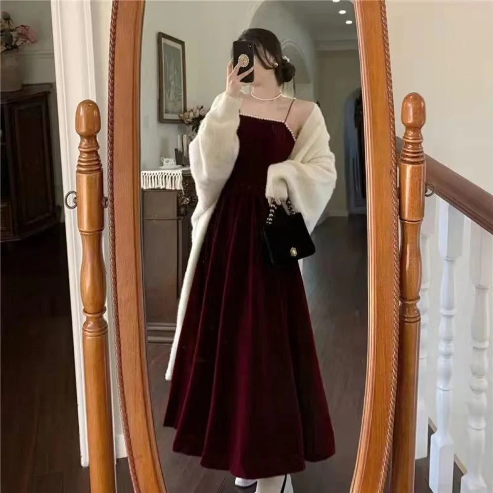 Velvet Spaghetti Strap Burgundy Midi Cocktail Dresses for Women 2024 Elegant Tea Length Prom Midi Dresses - Seprincess