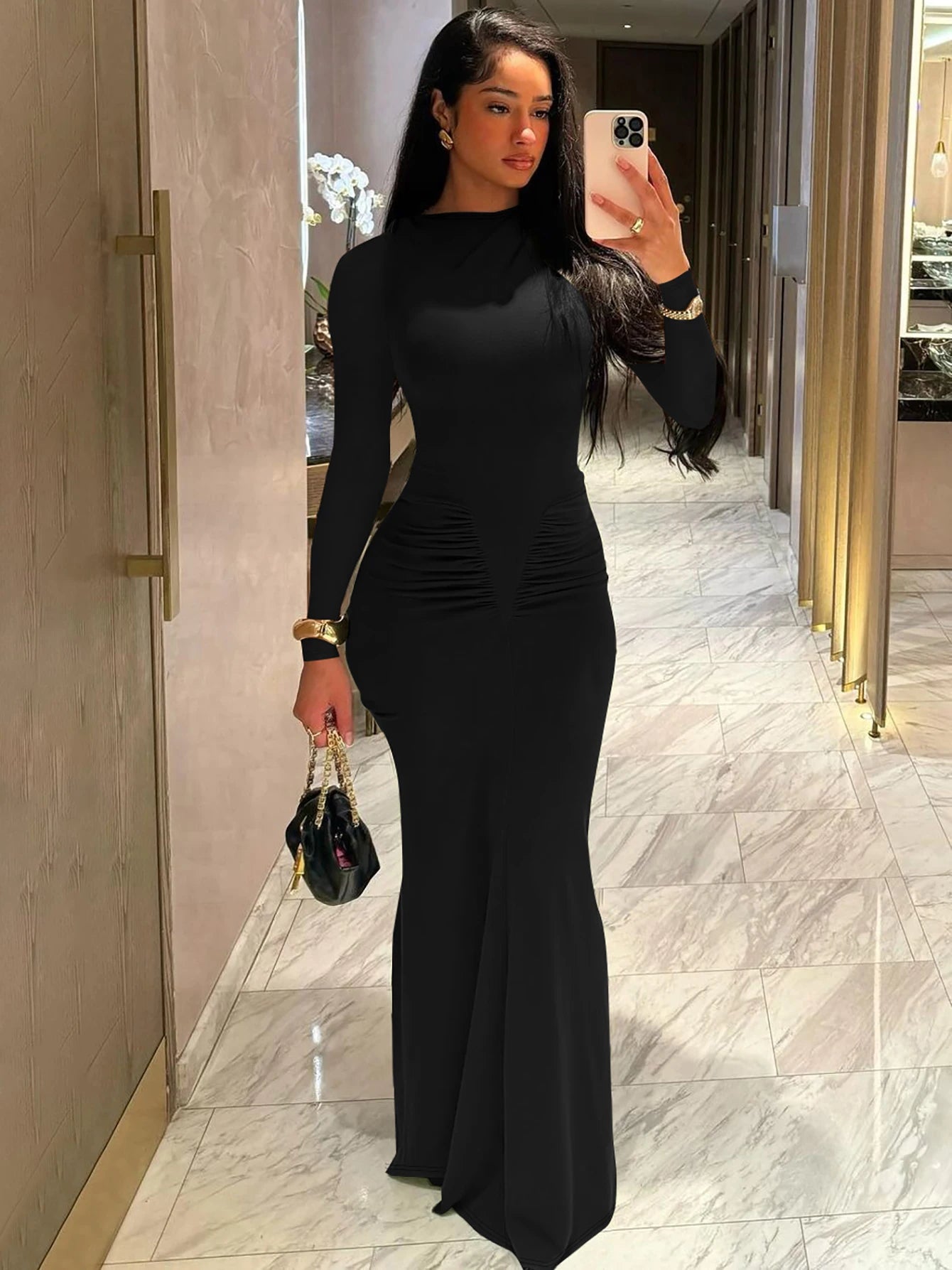 Hugcitar 2024 Autumn Solid Long Sleeve Draped Sexy Bodycon Maxi Prom Dress Women Fashion Y2K Outfits Evening Party Festival - Seprincess