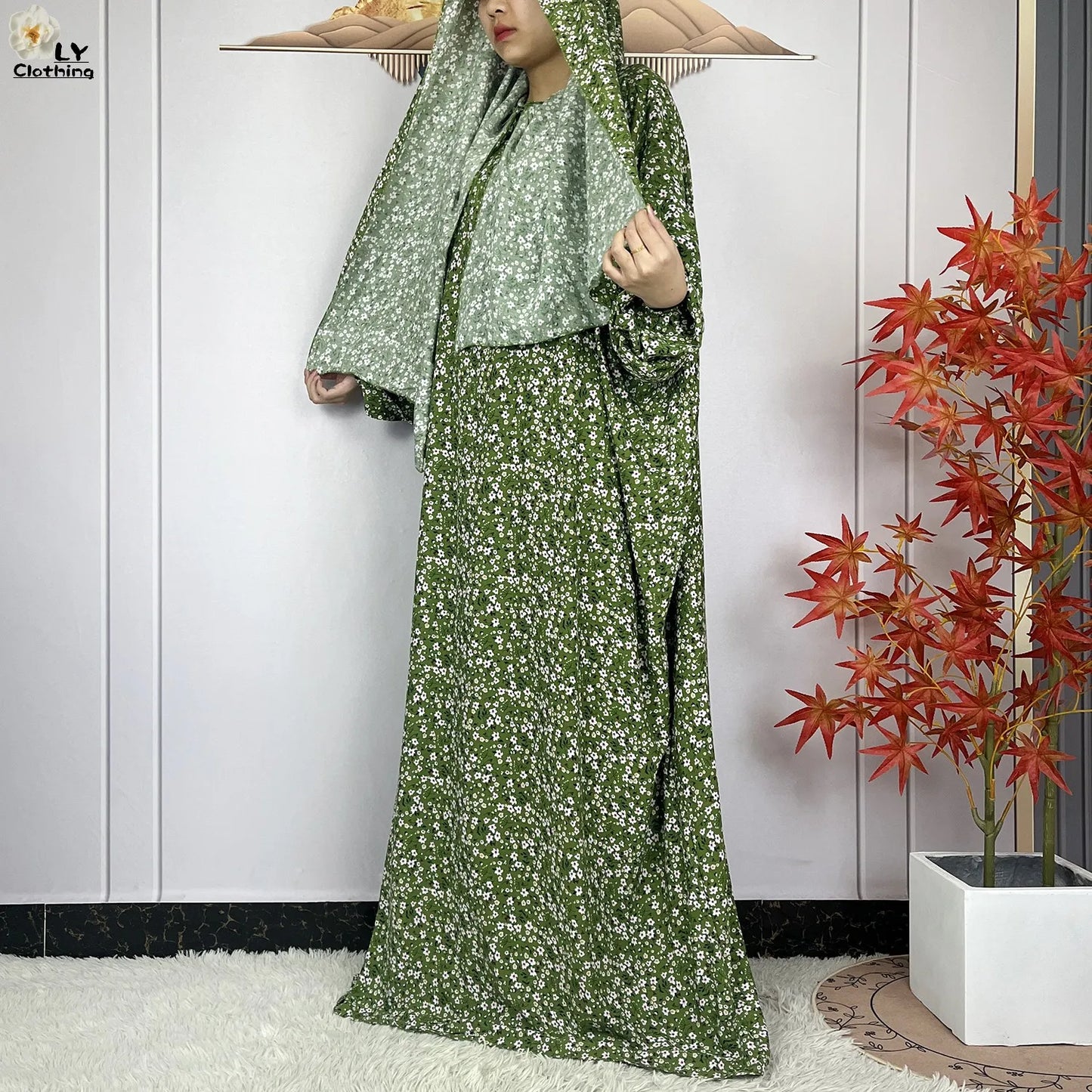 2024Latest Muslim Abayas For Women Ramadan Prayer Maxi Dubai Turkey Femme Cotton Robe Floral Loose African Dress Turban Attached