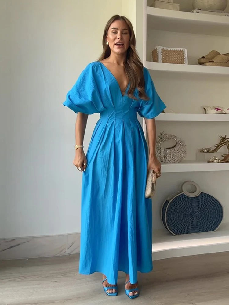 Summer Elegant Pleated Bow V Neck Blue Long Dresses For Women 2024 New Off Shoulder Sleeveless Maxi Dress Ladies Vacation Robe - Seprincess