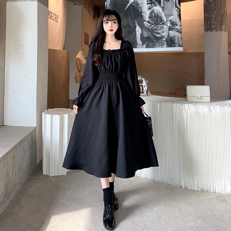 Women Black Folds Elegant Long Dress Retro Loose Sweet Square Collar Female Dress Spring Autumn All Match Casual Ladies Vestidos - Seprincess