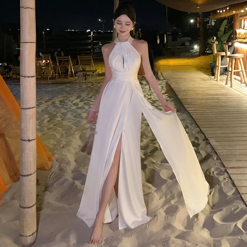 Elegant Party White Satin Long Dresses for Women 2024 Summer New Sexy Sleeveless Birthday Backless Bandage Female Clothing Robe - Seprincess