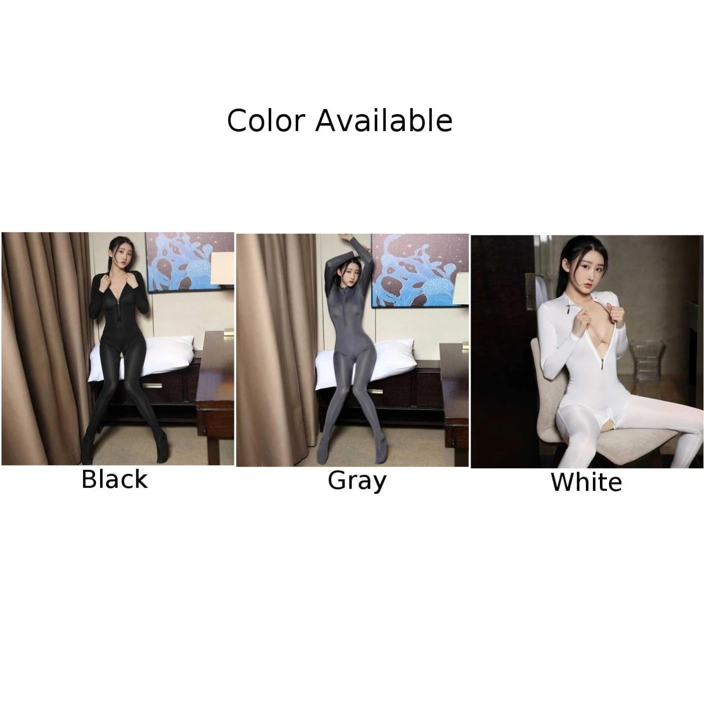 Zipper Open Crotch Bodystocking Womens Sheer Smooth Full Body Hollow Jumpsuit Sexy Long Sleeve Bodysuit High Elastic Rompers A50