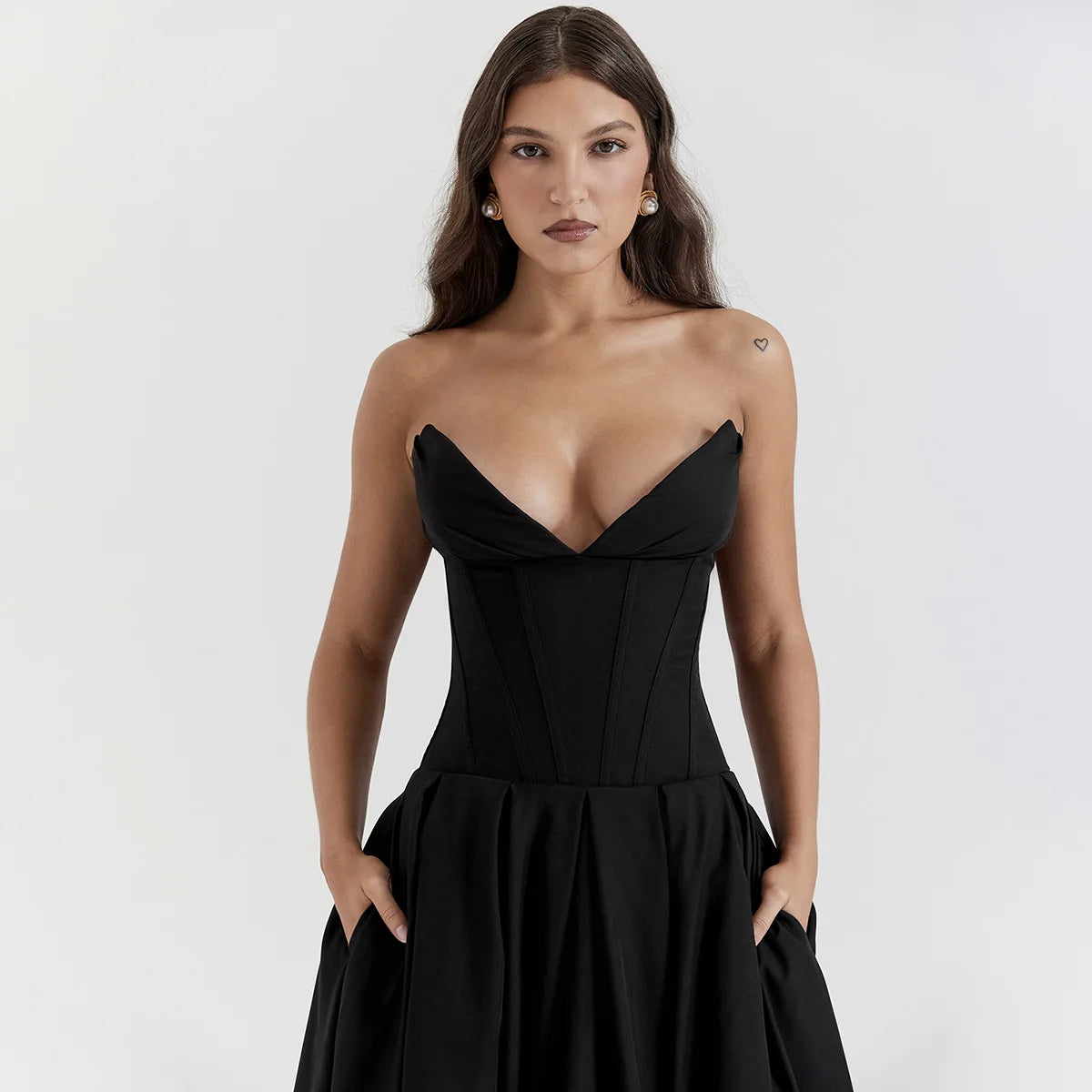 Suninheart Black Elegant Wedding Events Dress Sexy Strapless Corset Dress Midi Christmas Party Dresses for Women Clothing 2023 - Seprincess