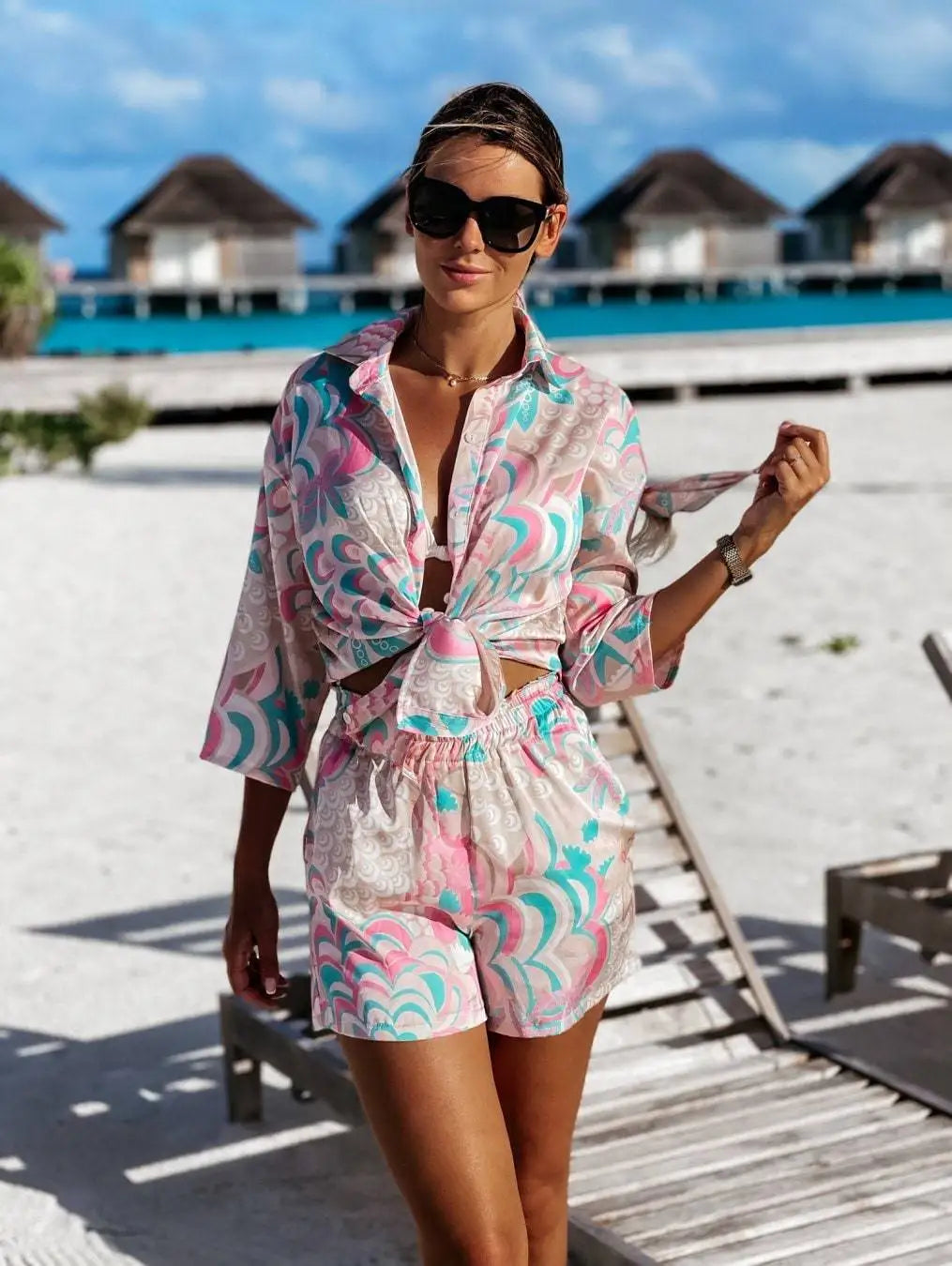 Women's Shirt Sets Fashion Printed Summer Long Sleeve Shirt + Shorts 2 Pieces Set 2023 Lady Vintage Holiday Beach Casual Outfits - Seprincess