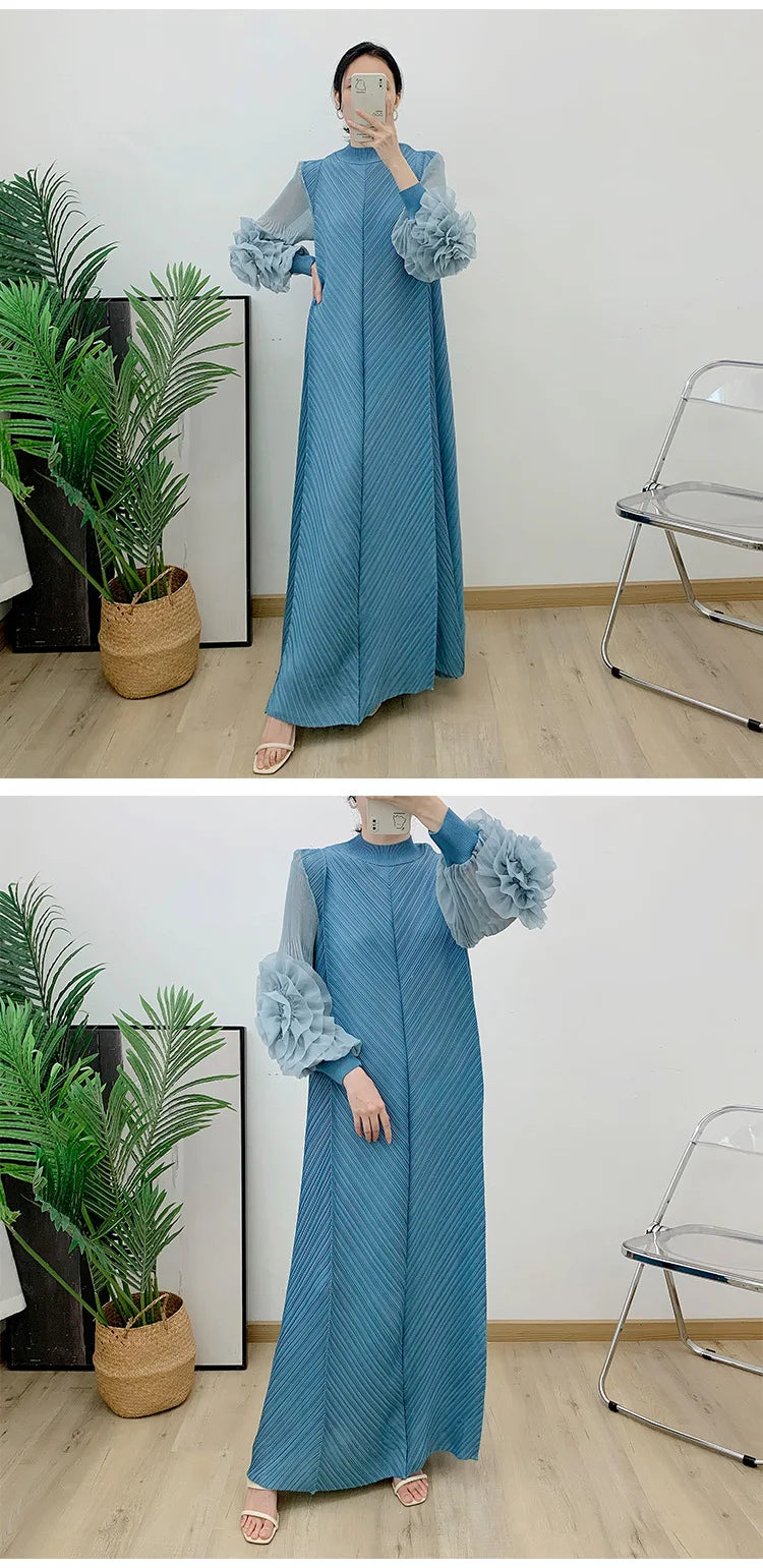 ANLAN Miyake Pleated Maxi Long Dress Mesh Petal Sleeve Half Turtleneck Formal Dresses for Women 2024 New Hot Sales 6KK9927