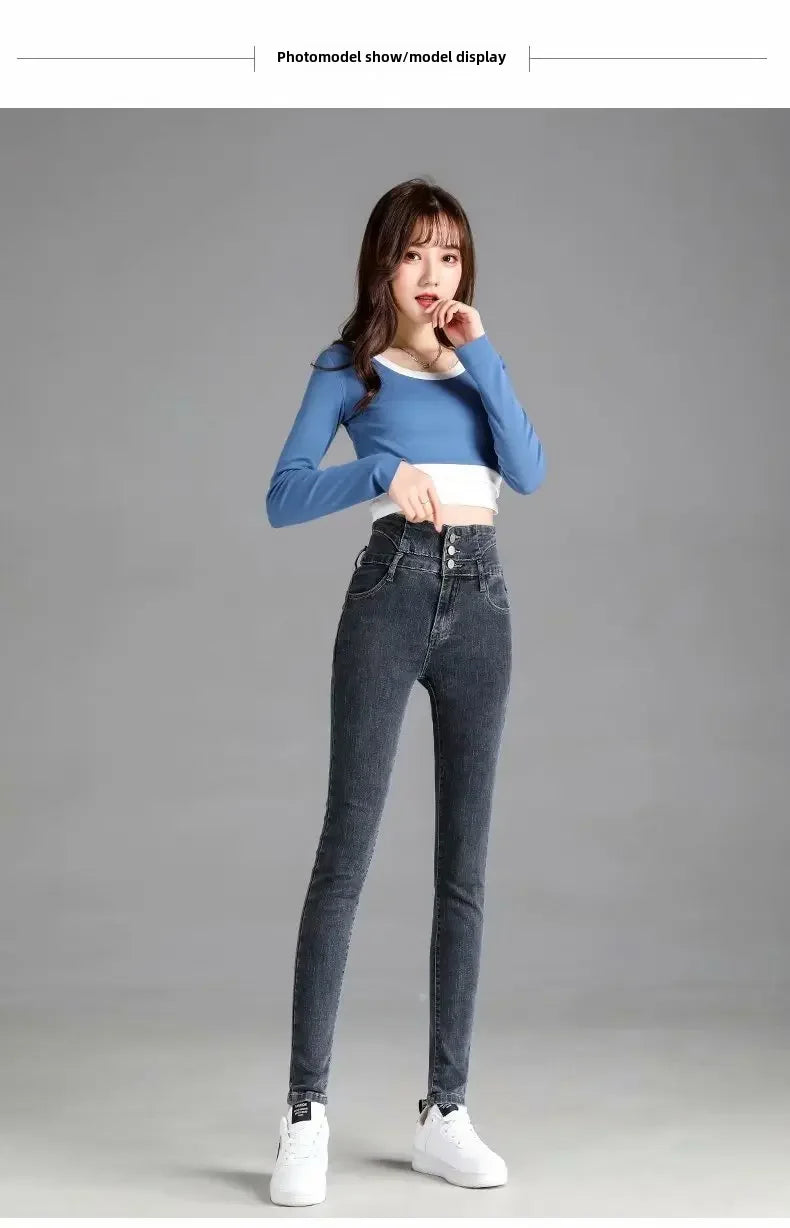 Thickened High-waisted Fleece-lined Jeans Women's Black Grey Slimming Winter 2021 New Style Tightening Integrated Velvet Pants