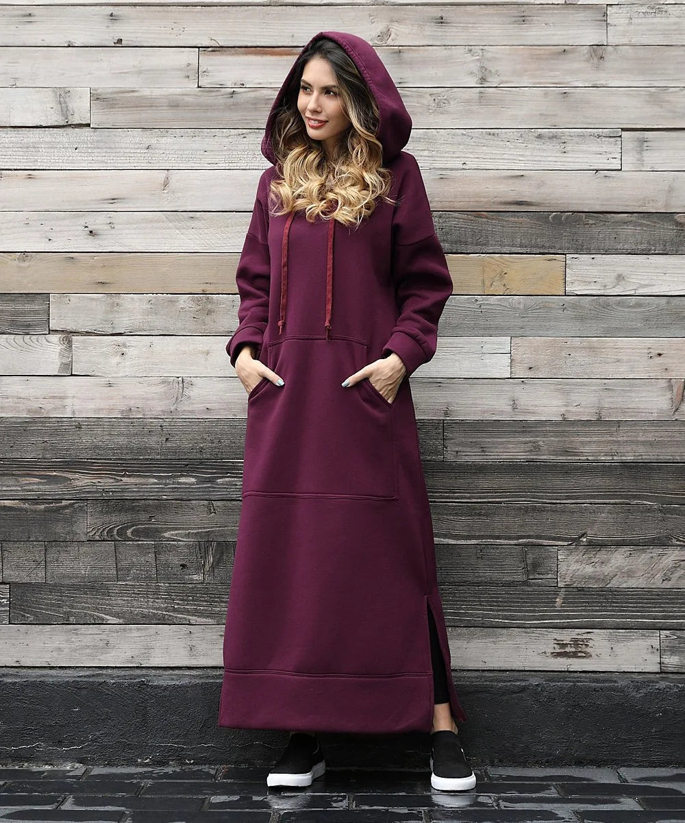 Autumn Winter Women's Loose Knitted Hooded Long Dress Plush Warm Casual Large Pocket Dresses For Women