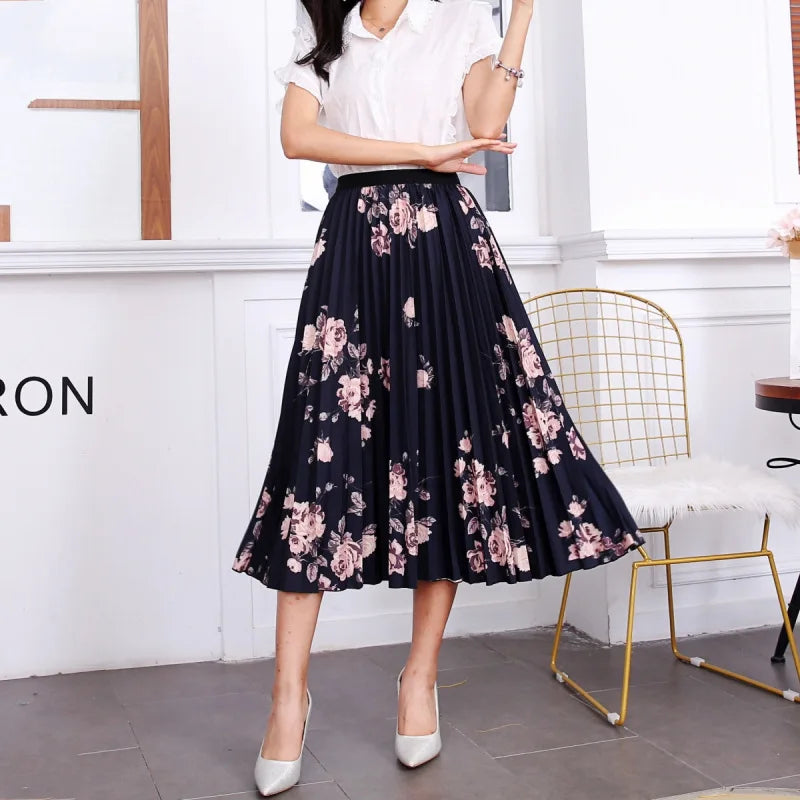 2024 Summer Women Cartoon Print Pleated Skirts A Line High Waisted Elastic Midi Long Skirt Ladies Party Korean Style Dresses - Seprincess