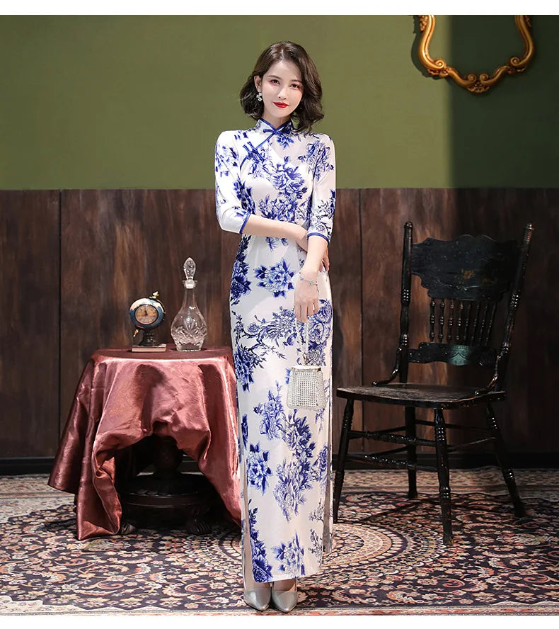 Blue White Porcelain Qipao Elegant Female Cheongsams Sexy Split Chinese Style Dress Summer Satin Vestidos Plus Size 4Xl 5Xl - Seprincess