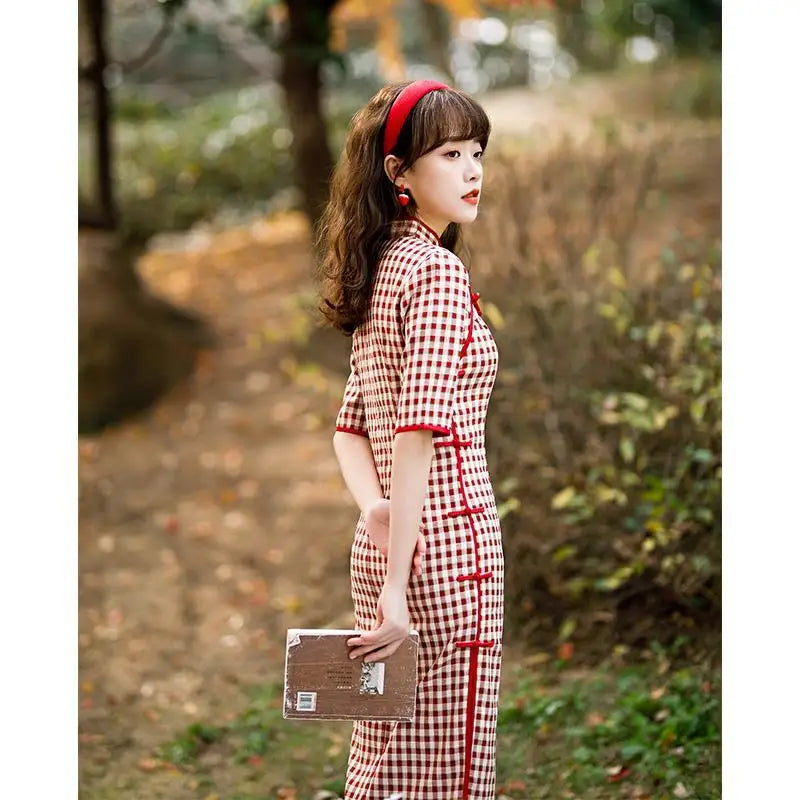 Plaid Cheongsam Young Girl 2024 Spring New Style Literary Elegant Retro Chinese Style Qipao Dress - Seprincess