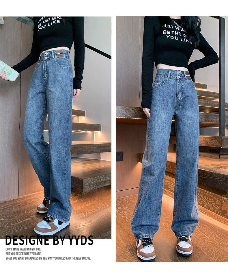 Straight Double Button Denim Jeans Women's New Style Loose Small Narrow Version Classic High Quality Brand Denim Pants