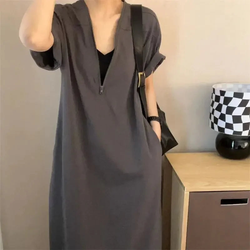 Summer Trendy Textured Oversized Black Casual Hooded Dresses for Women Streetwear Half Zipper Short Sleeve Beach Dress - Seprincess