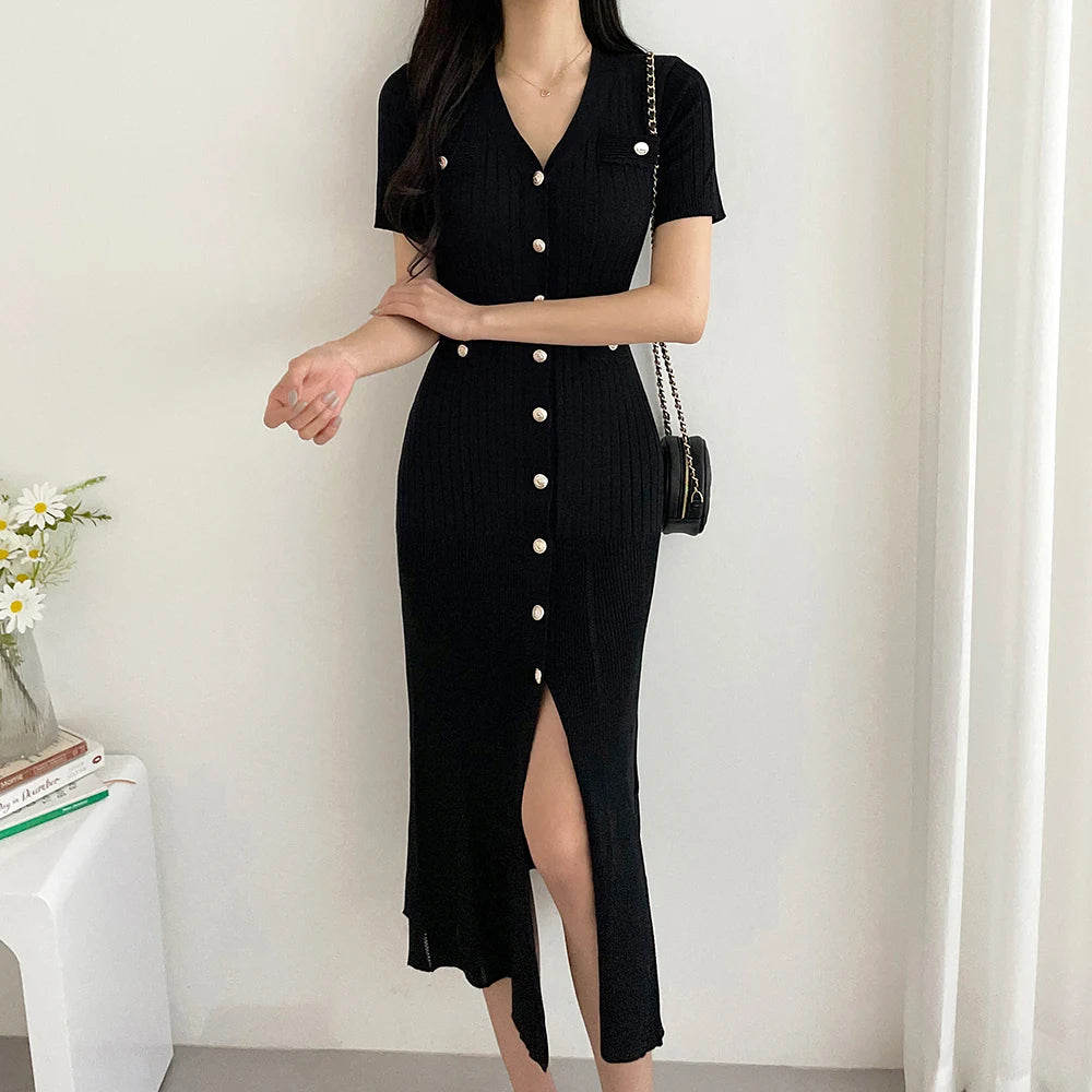 Summer Midi Dress Women Knitted Black Bodycon Korea Style Ruffle Ladies Dresses Elegant Fashion Casual Woman Dress 2024 - Seprincess