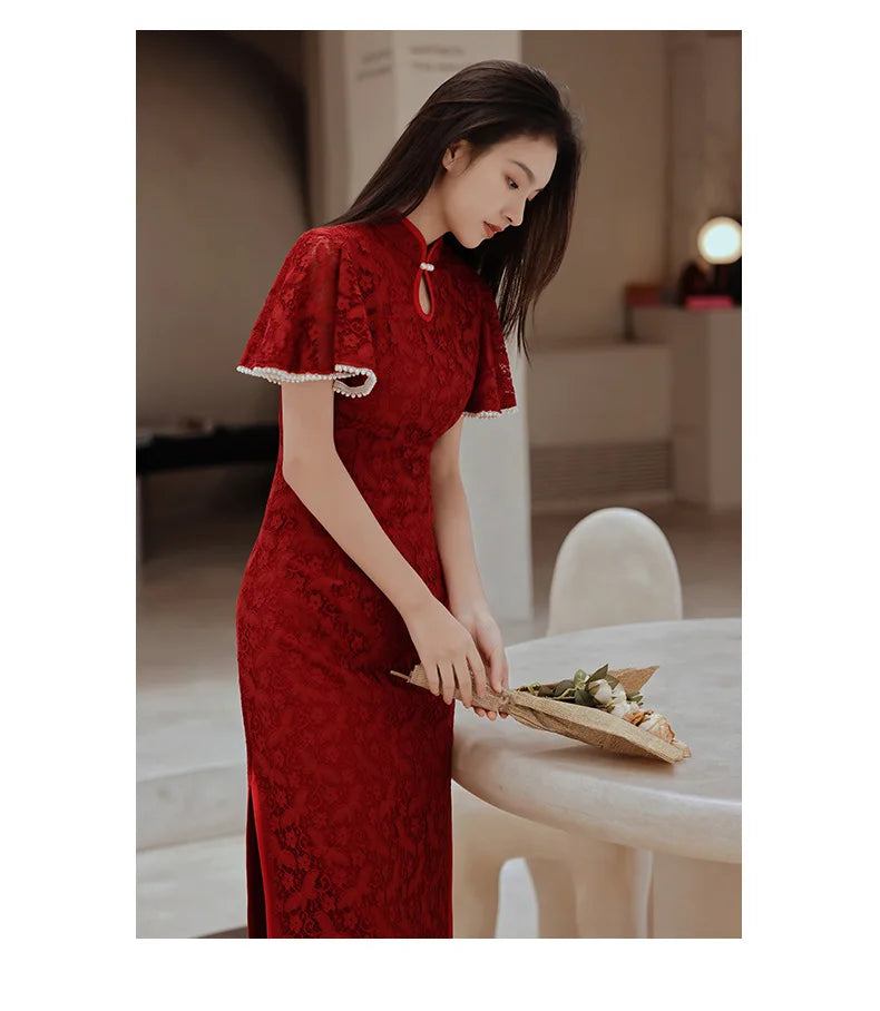 Red Cheongsam Chinese Women Lace Qipao Long Quipao Chinese Traditional Clostume Wedding Party Evening Dress Clothes - Seprincess